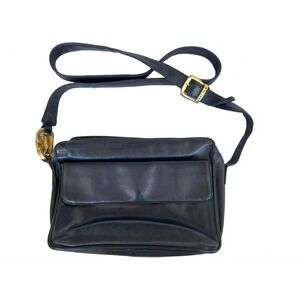 Vintage 80s Perlina Navy Leather Crossbody Bag Brass Rings‎ Old Money Retro Chic